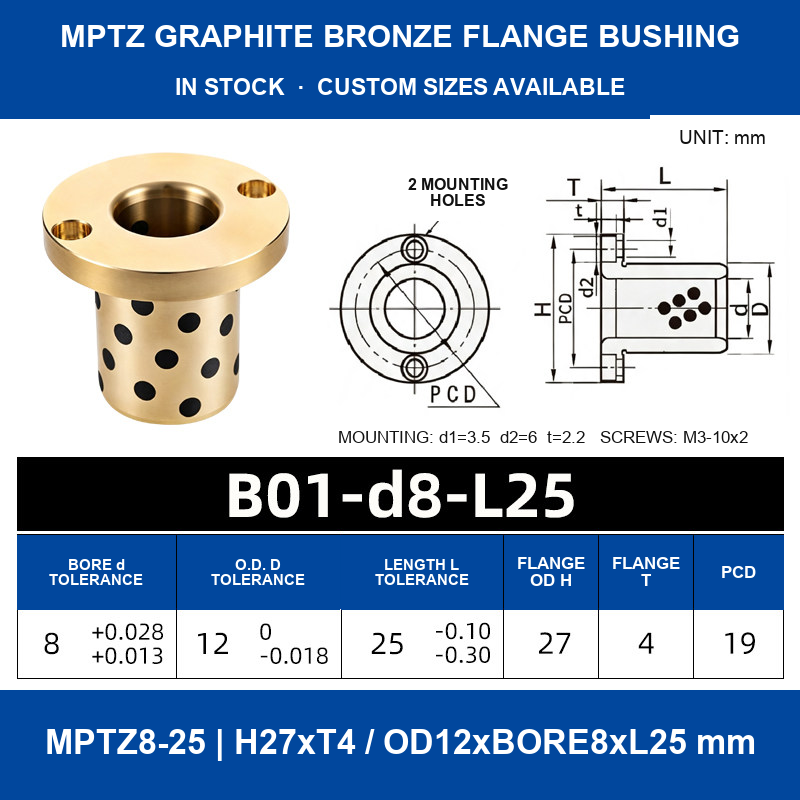 MPTZ graphite bronze round flange bushing, 8 mm bore, 12 mm OD, 25 mm length