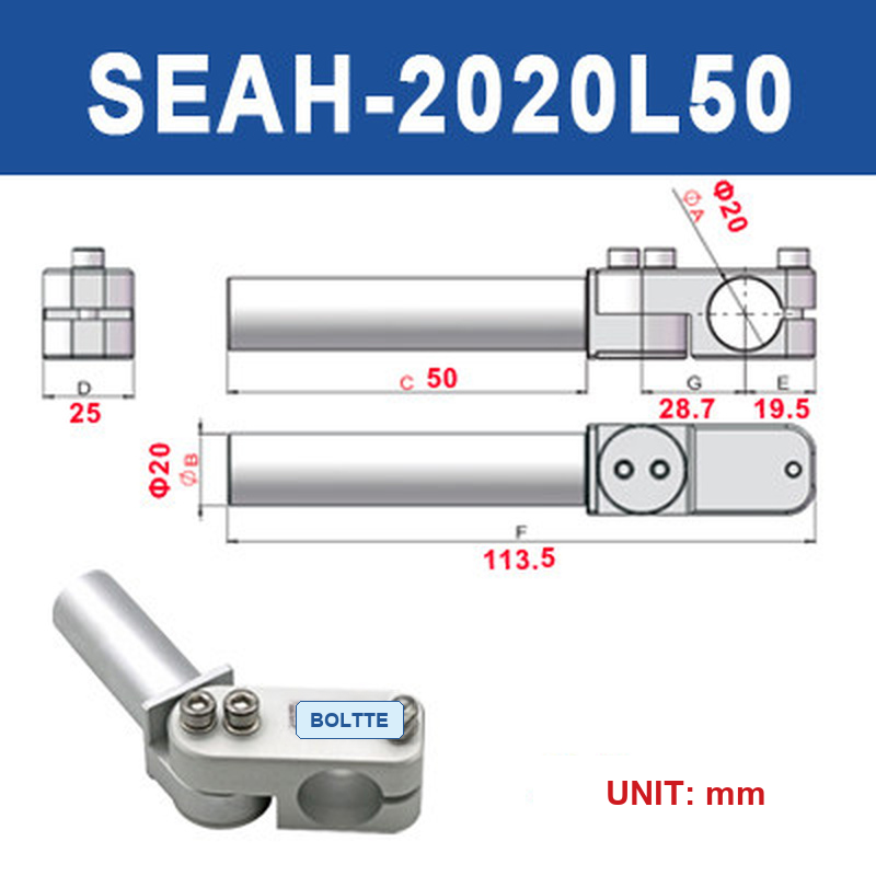 BOLTTE SEAH-2020L50 heavy-duty adjustable elbow arm clamp bracket with engineering dimensions