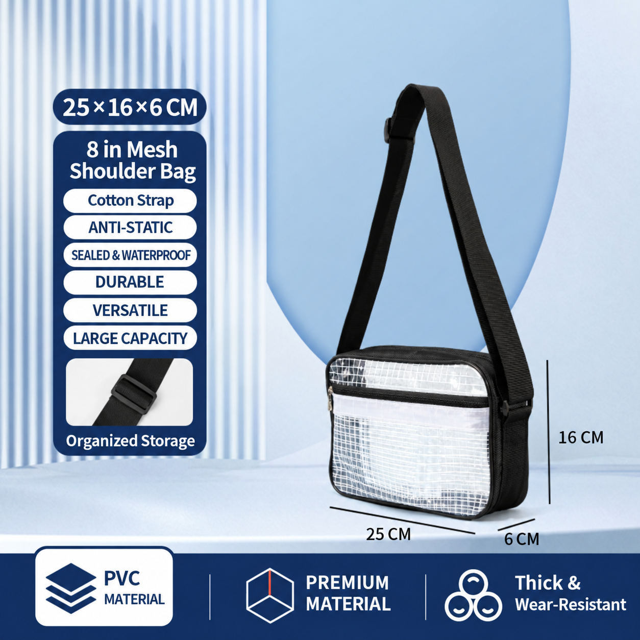 BOLTTE transparent PVC anti-static cleanroom bag 8 in Mesh Shoulder Bag – Cotton Strap – 25 × 16 × 6 cm