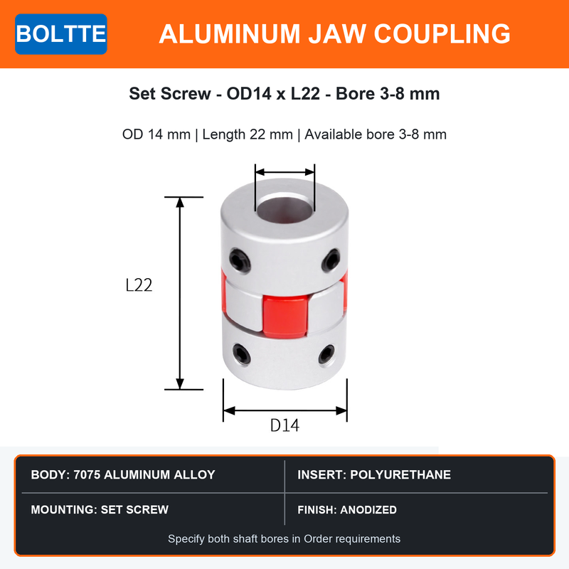 BOLTTE aluminum jaw coupling OD 14 mm length 22 mm bore 3 to 8 mm