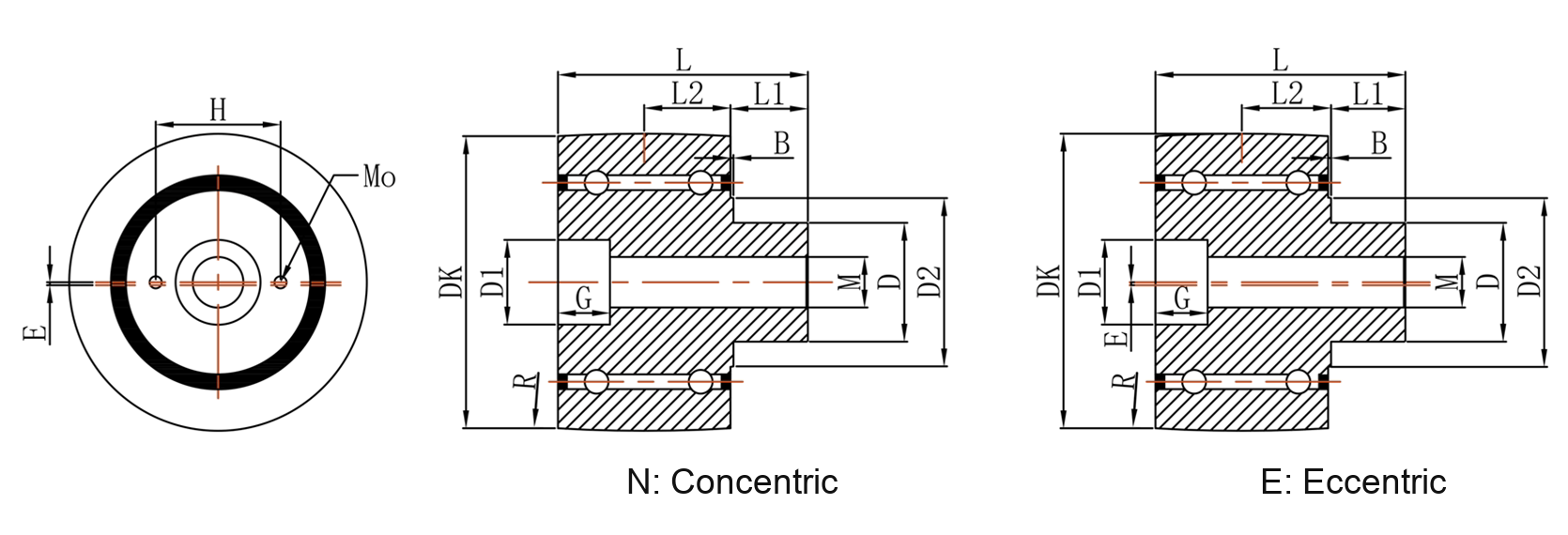 Flat roller concentric and eccentric dimensional drawing — custom made-to-drawing reference