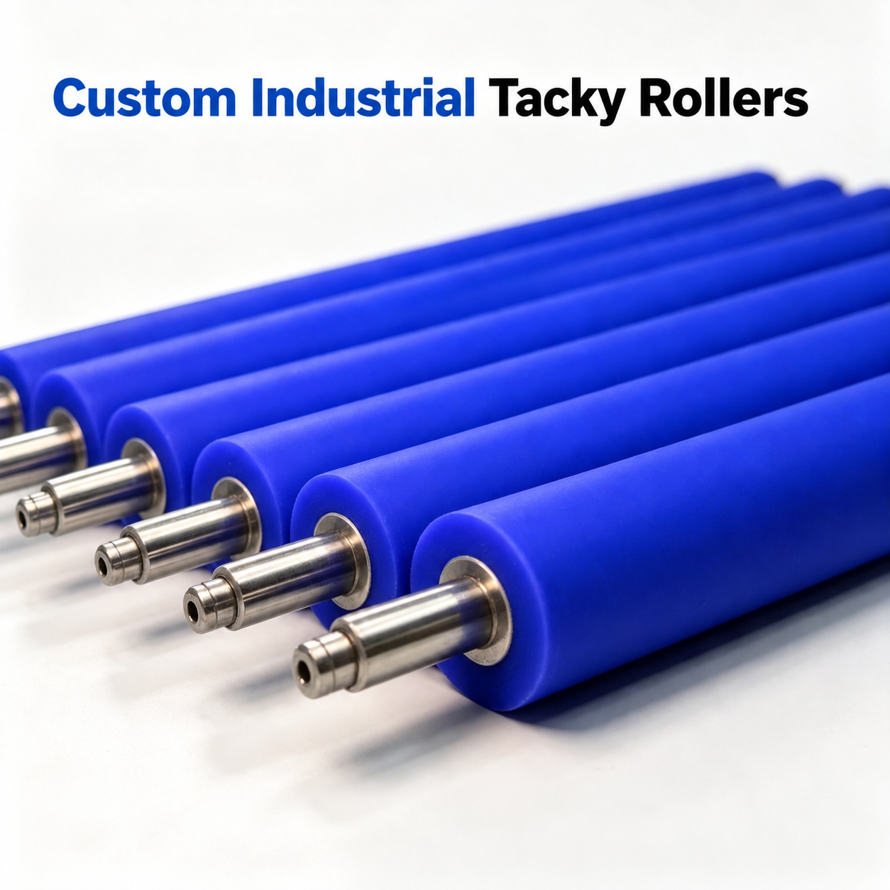 Custom industrial blue tacky rollers with steel shafts