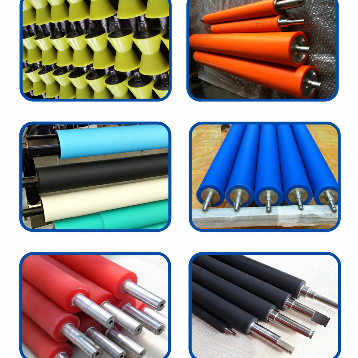 Custom polyurethane coated roller application examples in multiple colors and profiles
