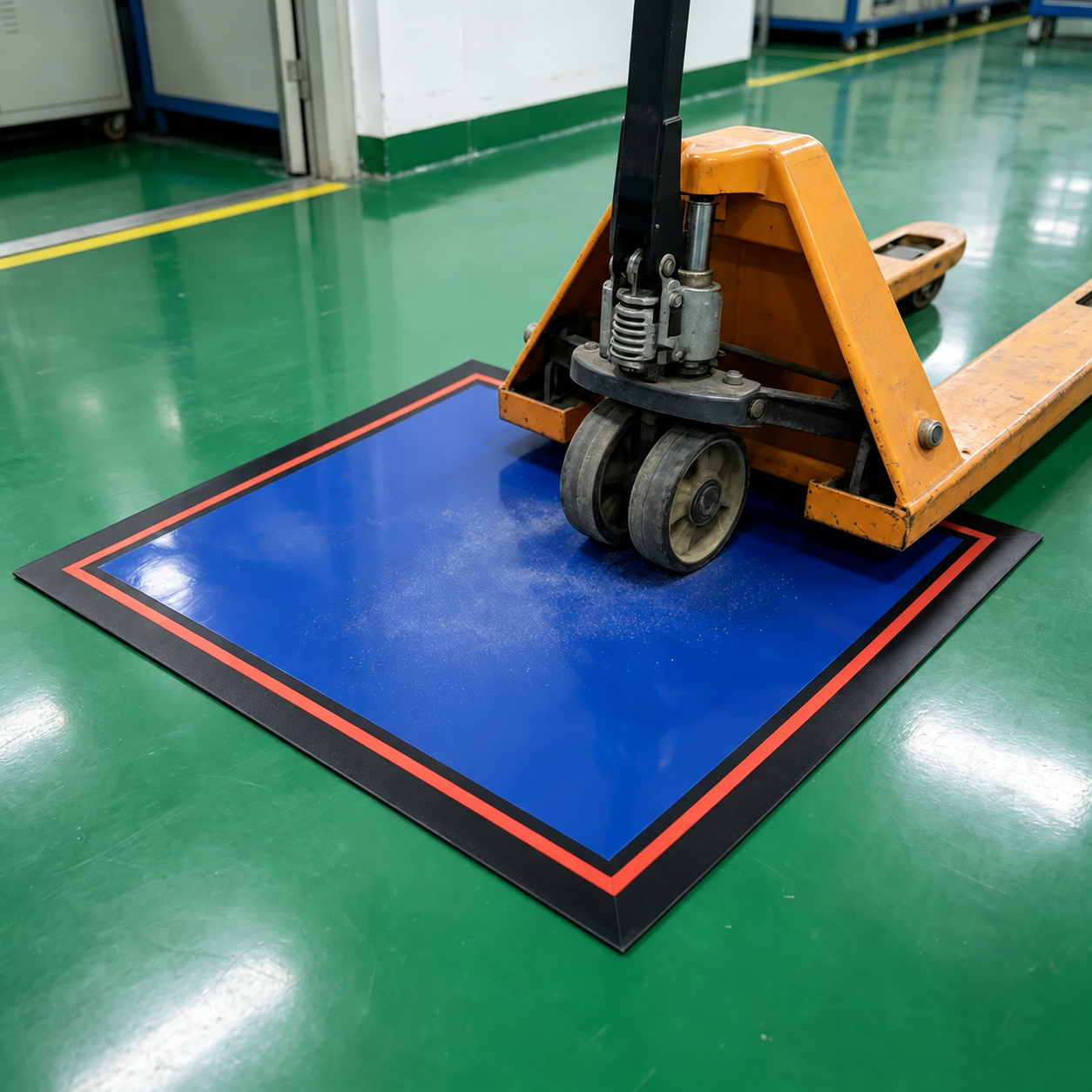 Washable tacky mat under a pallet jack in an industrial facility