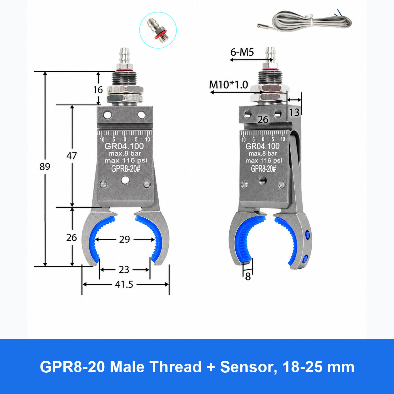 Pneumatic bottle-preform gripper, GPR8-20 Male Thread + Sensor, 18-25 mm