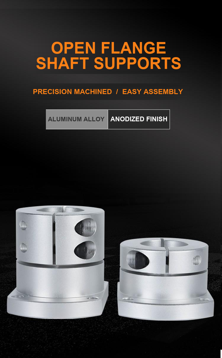 Aluminum open flange shaft supports in standard and extended lengths