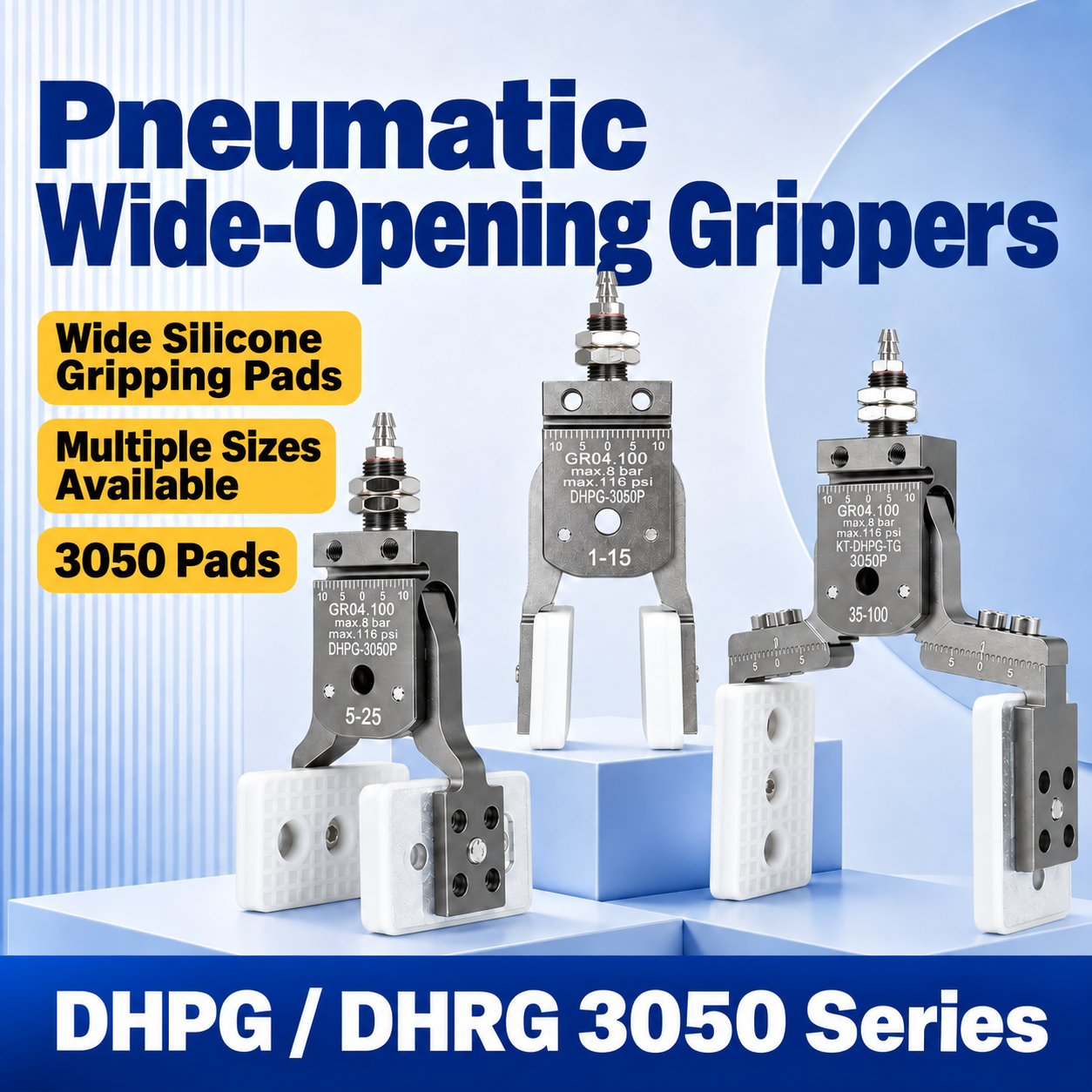 Pneumatic wide-opening grippers in the DHPG and DHRG 3050 series