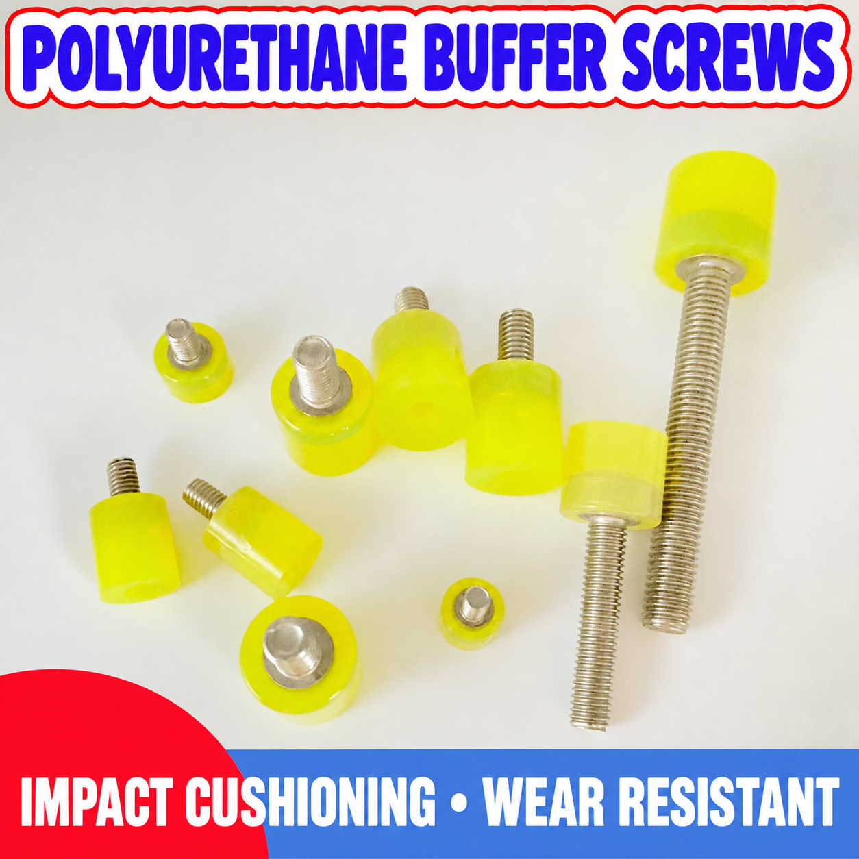 Polyurethane buffer screws in multiple sizes with impact-cushioning and wear-resistant bodies
