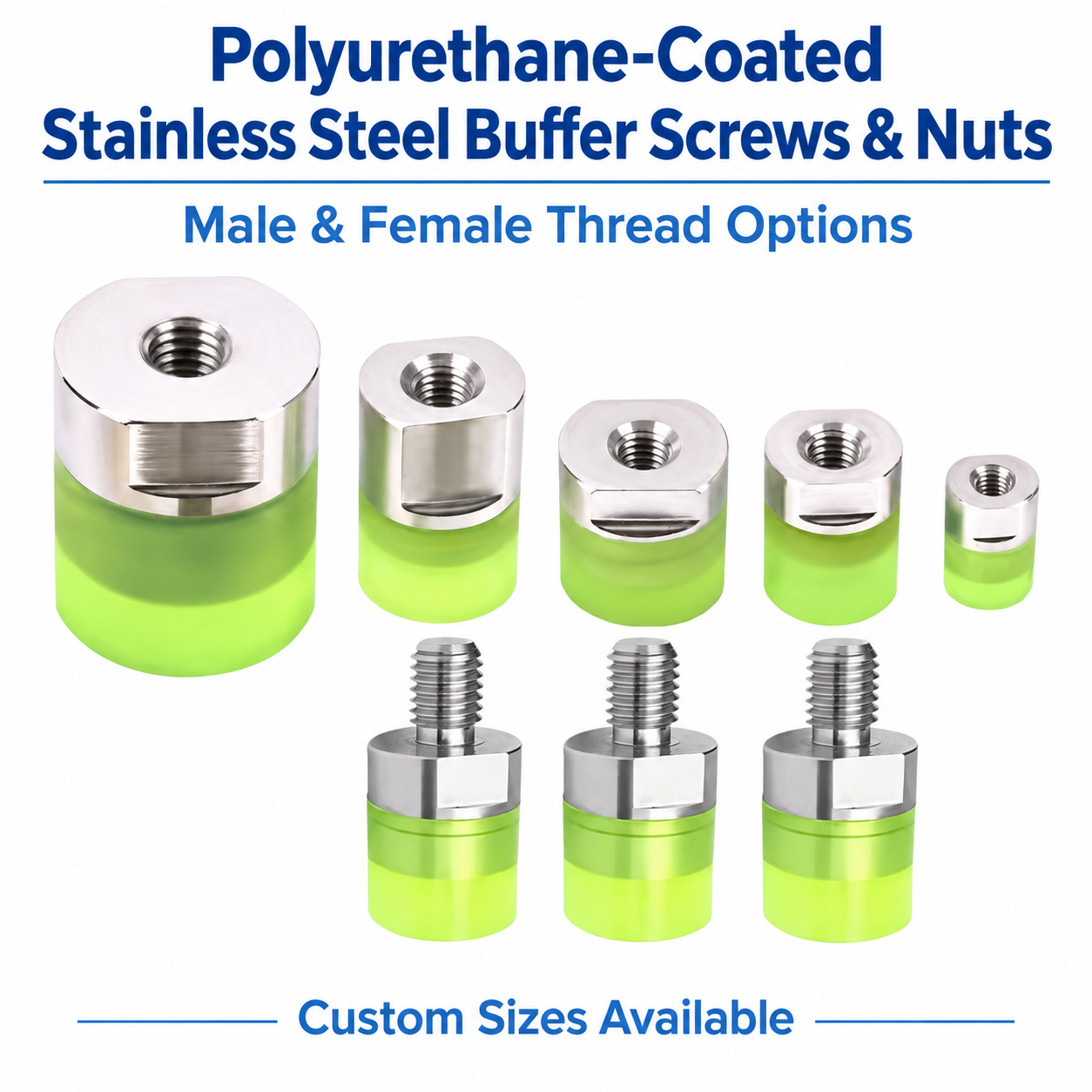 Polyurethane-coated stainless-steel buffer screws and nuts with male and female thread options
