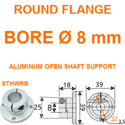 BOLTTE Aluminum Open Flange Shaft Supports — Round, Double-Flat & Square, 8–50 mm Bore