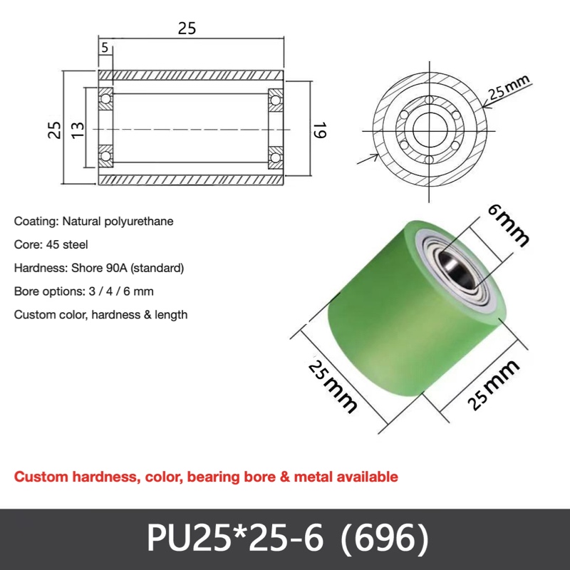 PU Ø25 × 25 mm – 6 mm Bore (696), polyurethane-coated dual-bearing conveyor roller