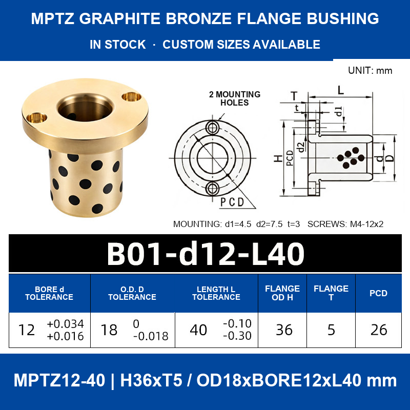 MPTZ graphite bronze round flange bushing, 12 mm bore, 18 mm OD, 40 mm length