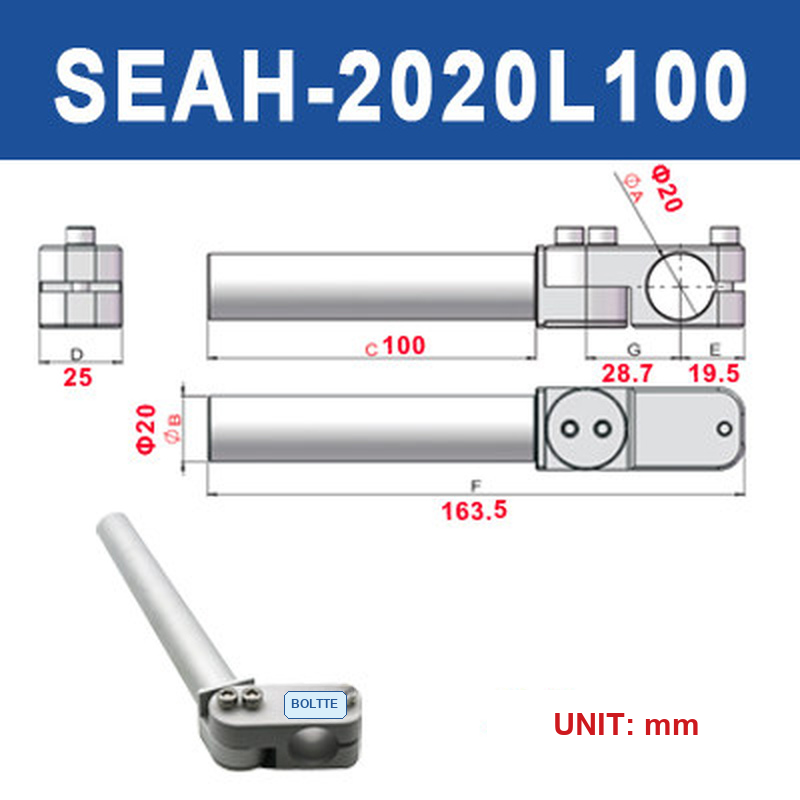 BOLTTE SEAH-2020L100 heavy-duty adjustable elbow arm clamp bracket with engineering dimensions