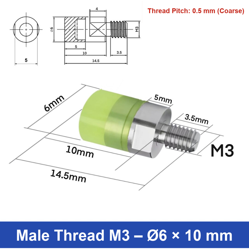 Male Thread M3 – Ø6 × 10 mm, 304 stainless steel polyurethane-coated buffer component