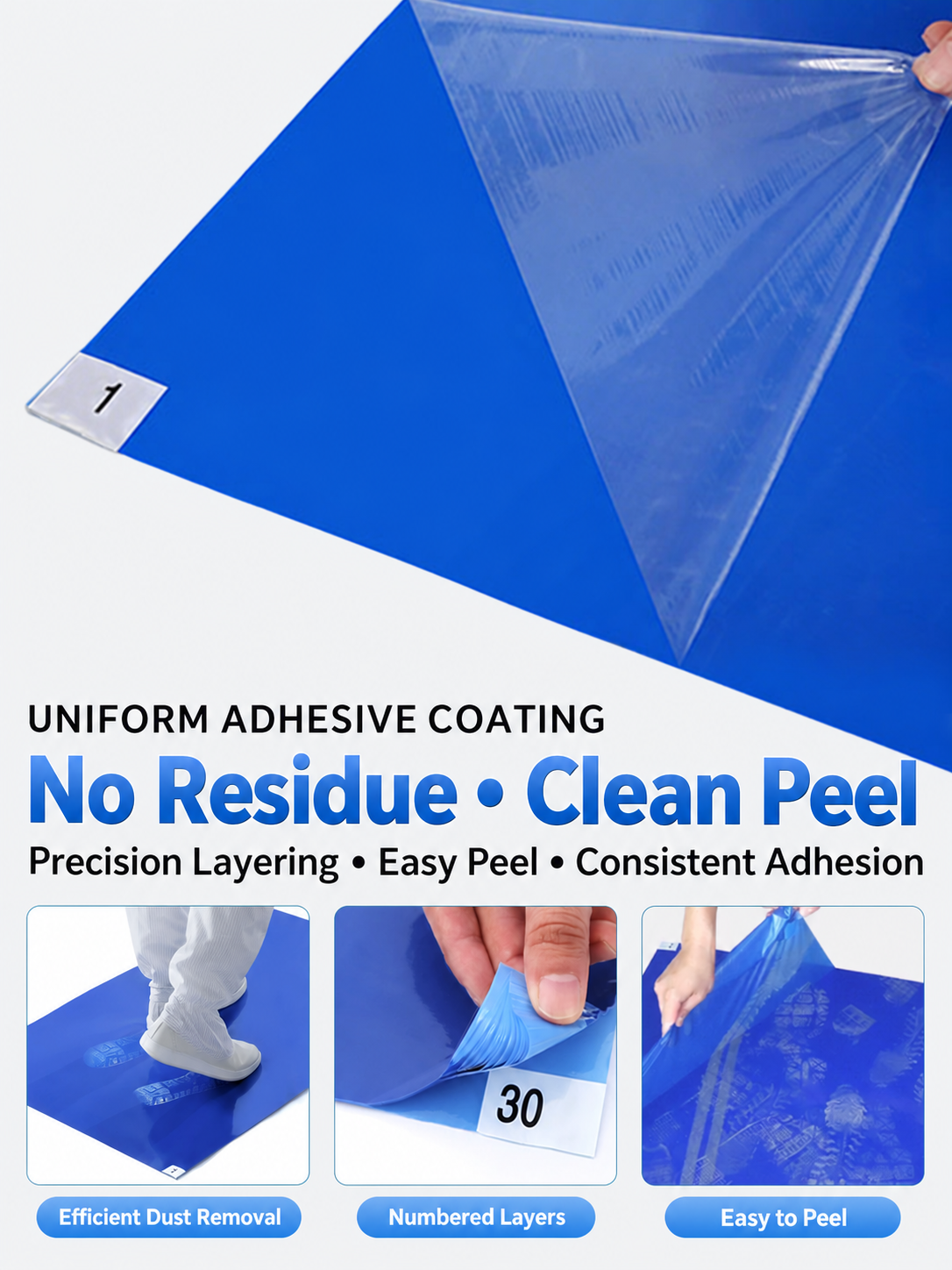 Uniform adhesive coating, numbered layers and clean peel features