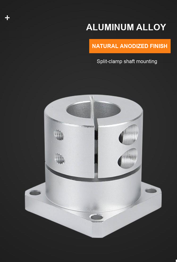 Anodized aluminum split-clamp shaft support close-up