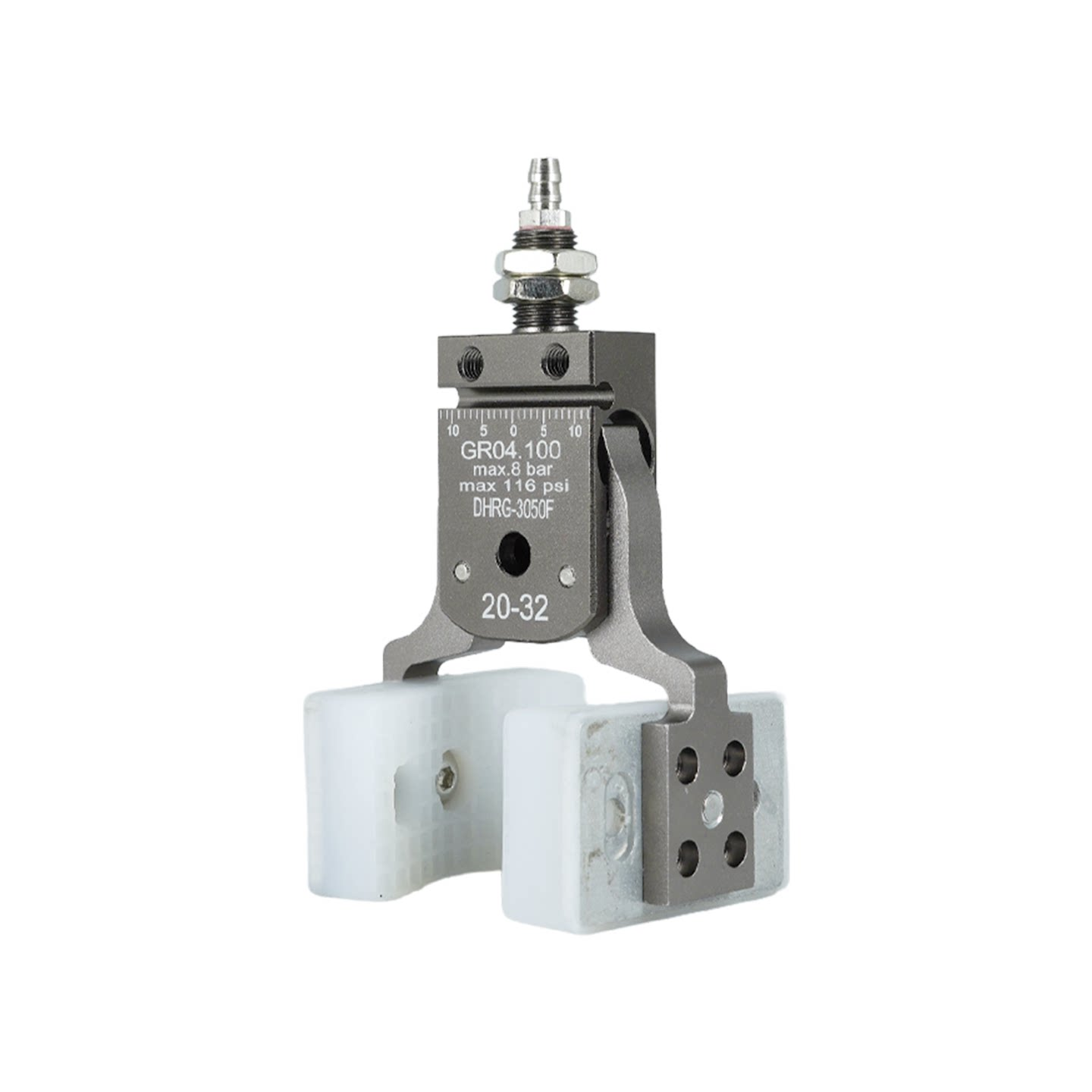 DHRG-3050F pneumatic gripper with white silicone pads