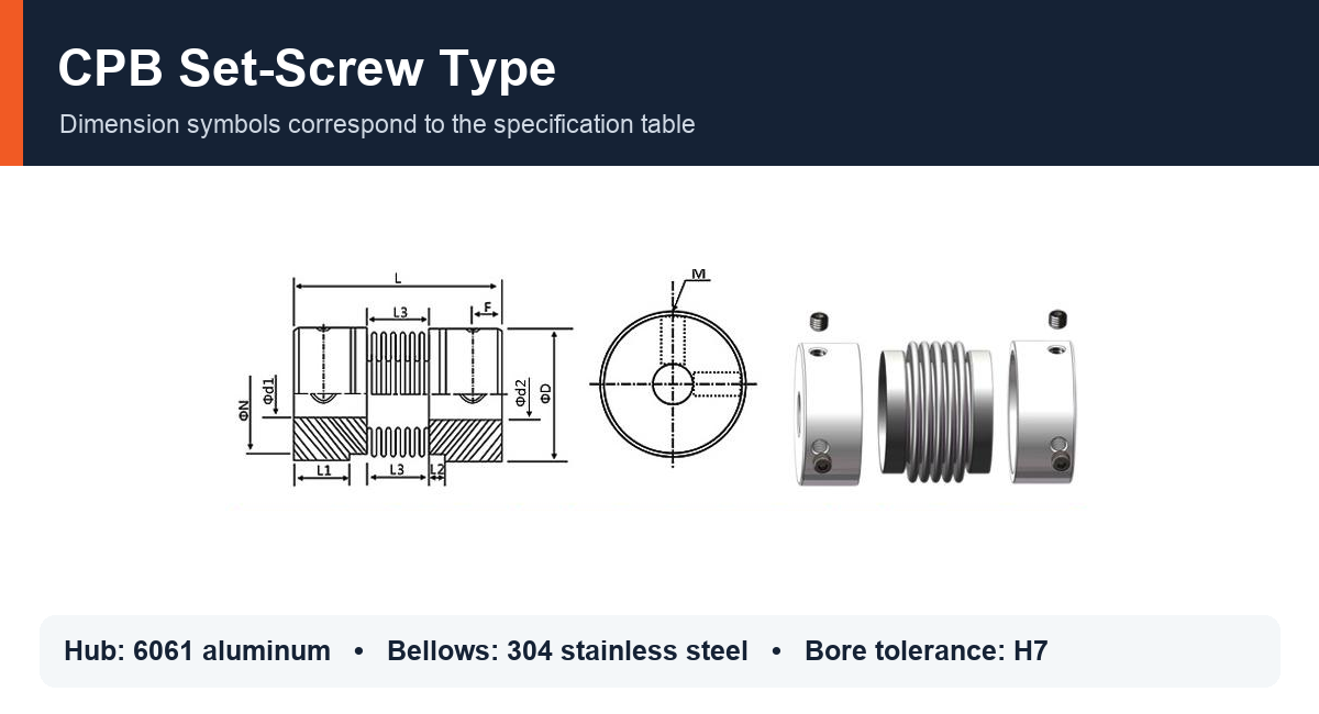CPB set-screw aluminum bellows coupling dimensions