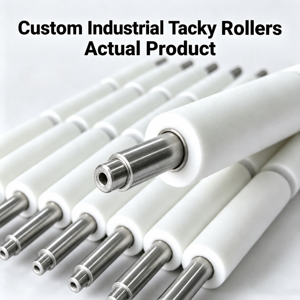 Custom white industrial tacky rollers with precision steel shafts