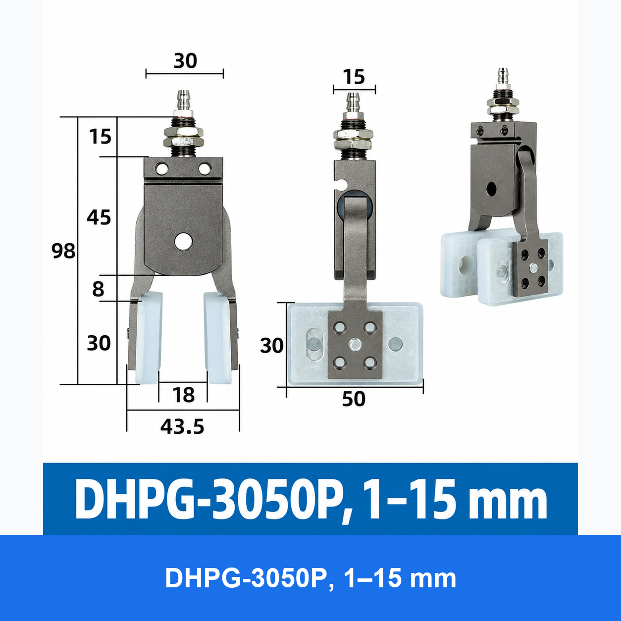 DHPG or DHRG 3050 mini pneumatic gripper, DHPG-3050P, 1–15 mm