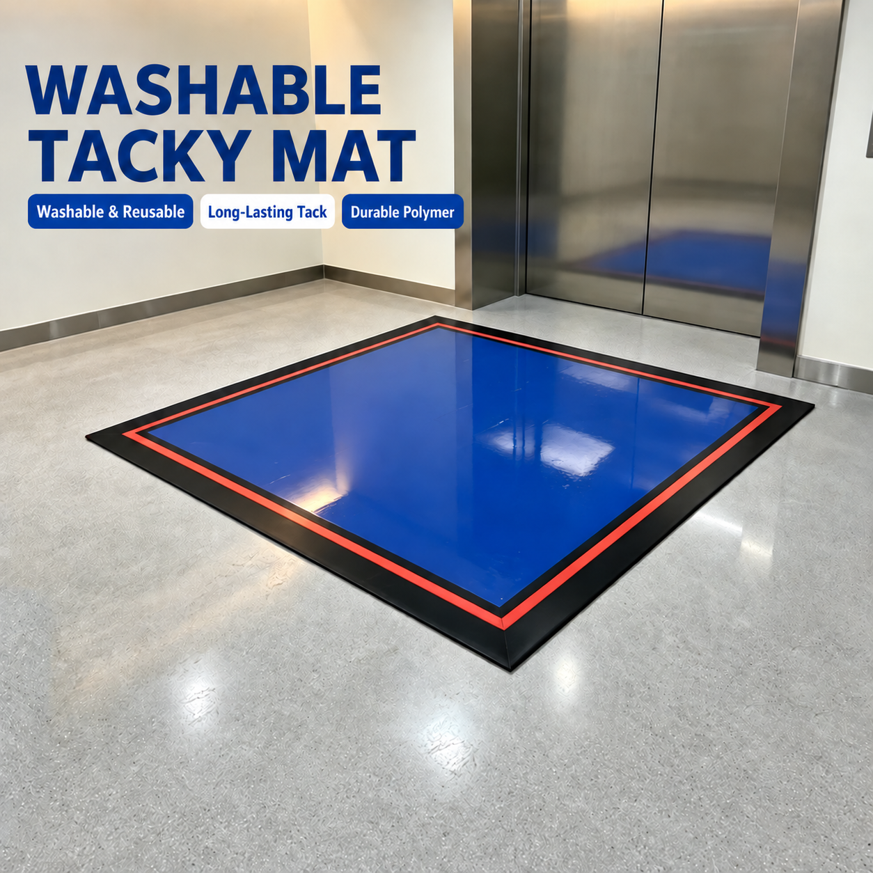 Washable tacky mat at an elevator entrance