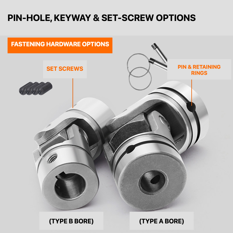 Universal-joint pin-hole keyway set-screw and retaining-ring options