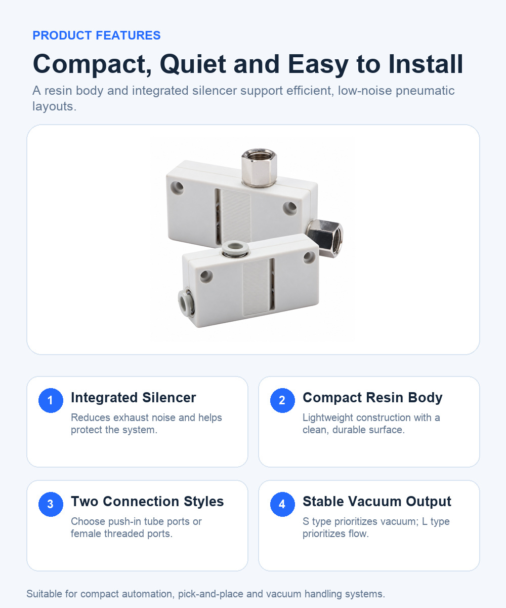 ZH box-type vacuum generator compact resin body integrated silencer and connection features