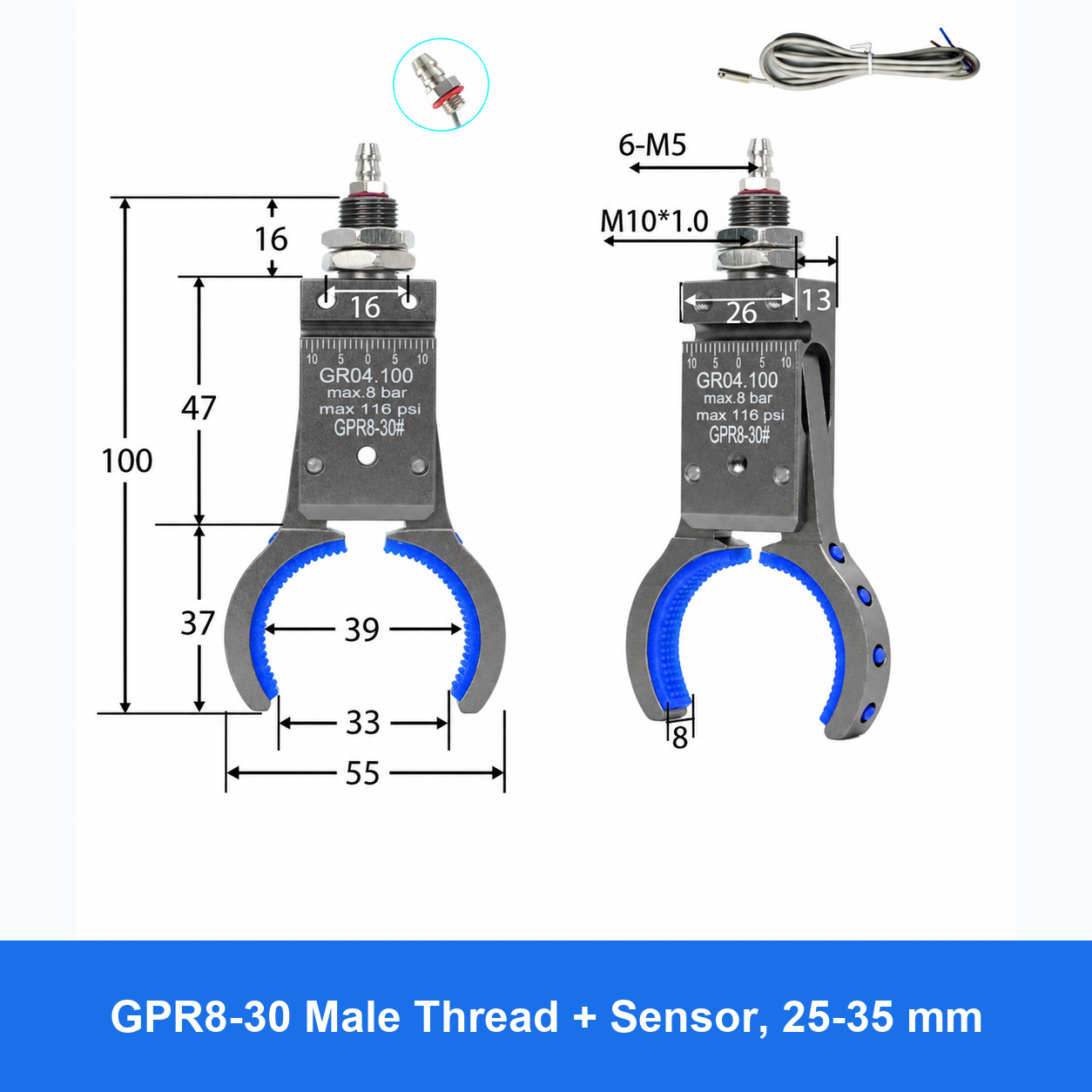 Pneumatic bottle-preform gripper, GPR8-30 Male Thread + Sensor, 25-35 mm