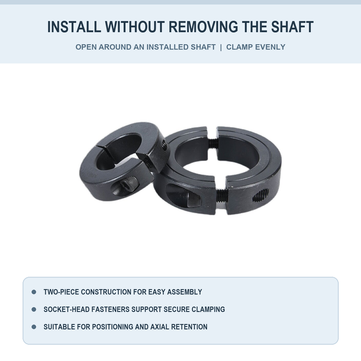 Two-piece split shaft collar installation and clamping