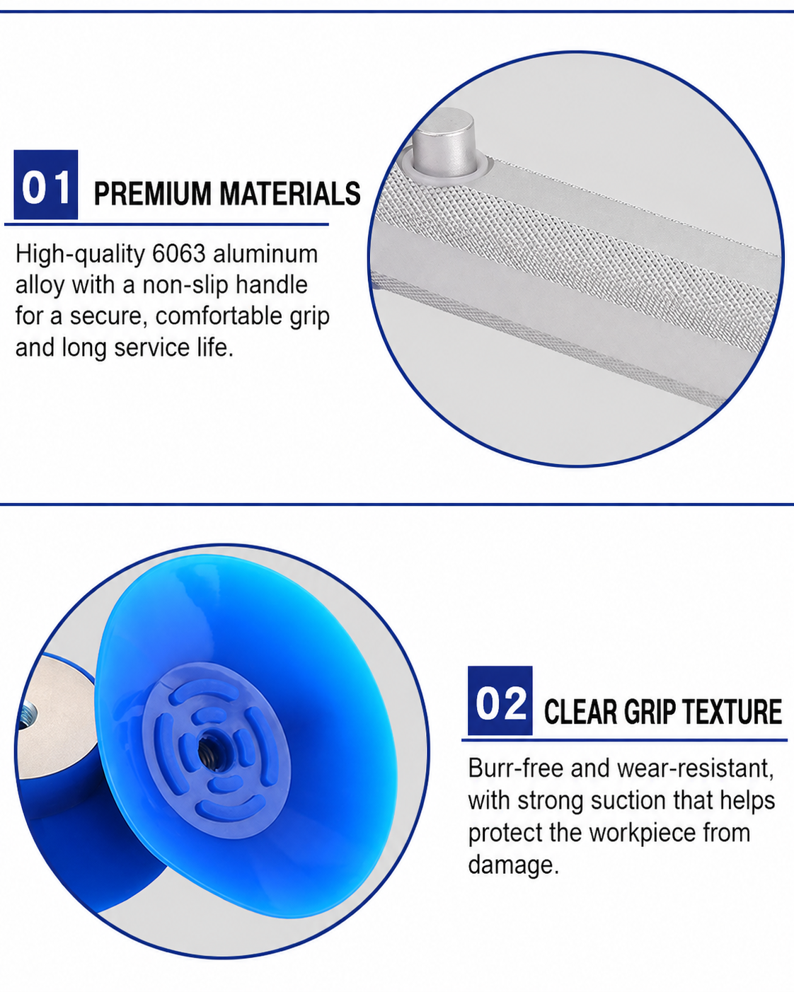 6063 aluminum handle and non-marking suction cup features