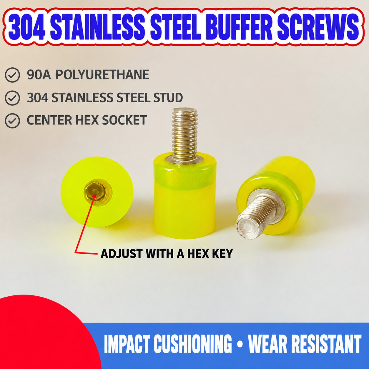 304 stainless-steel polyurethane buffer screws with 90A body and center hex socket