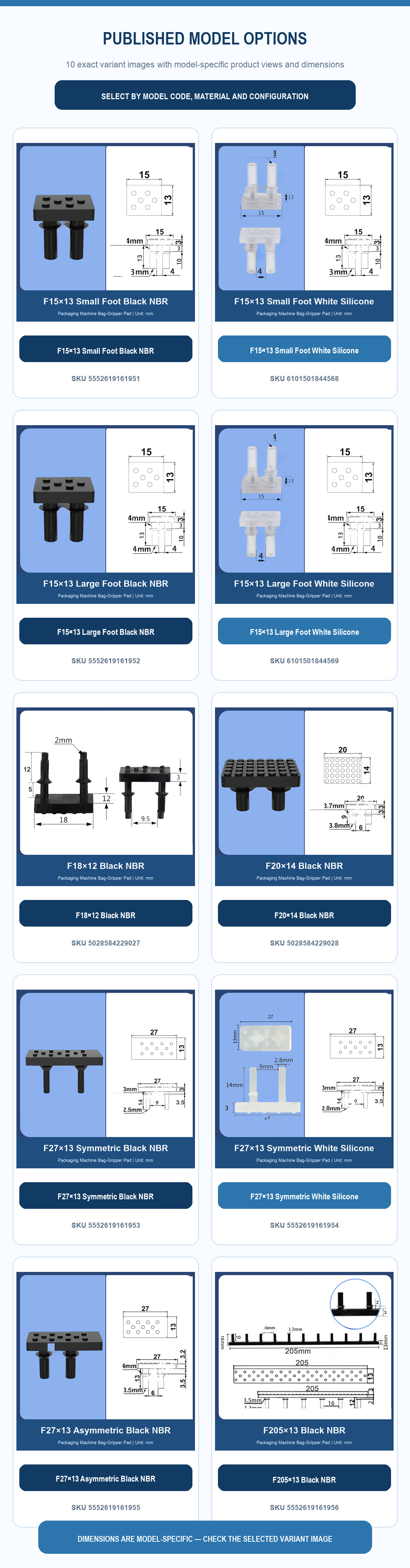 Ten rubber bag-gripper pad model options with product views and dimensions