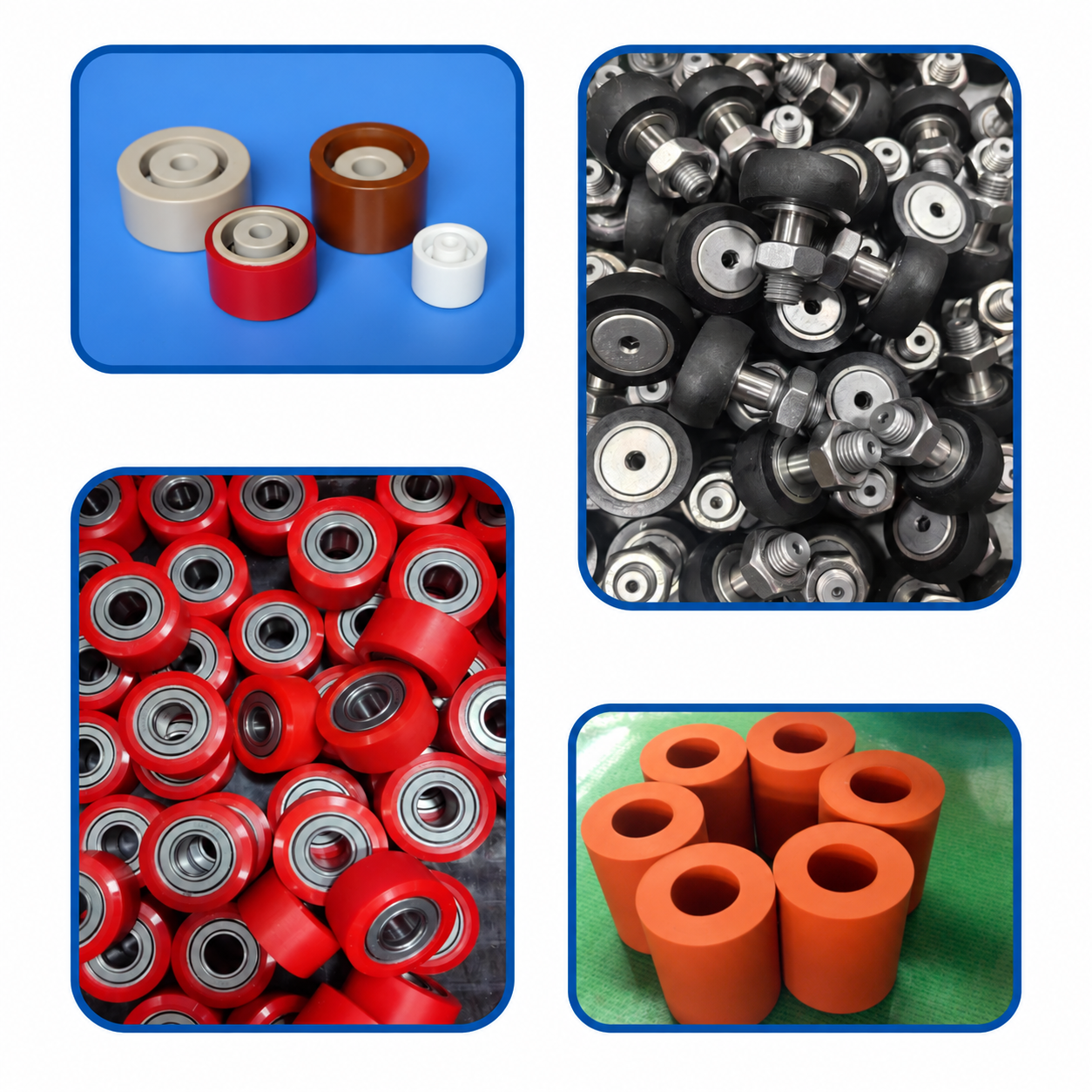 Custom molded polyurethane and rubber rollers wheels bearings and buffer parts