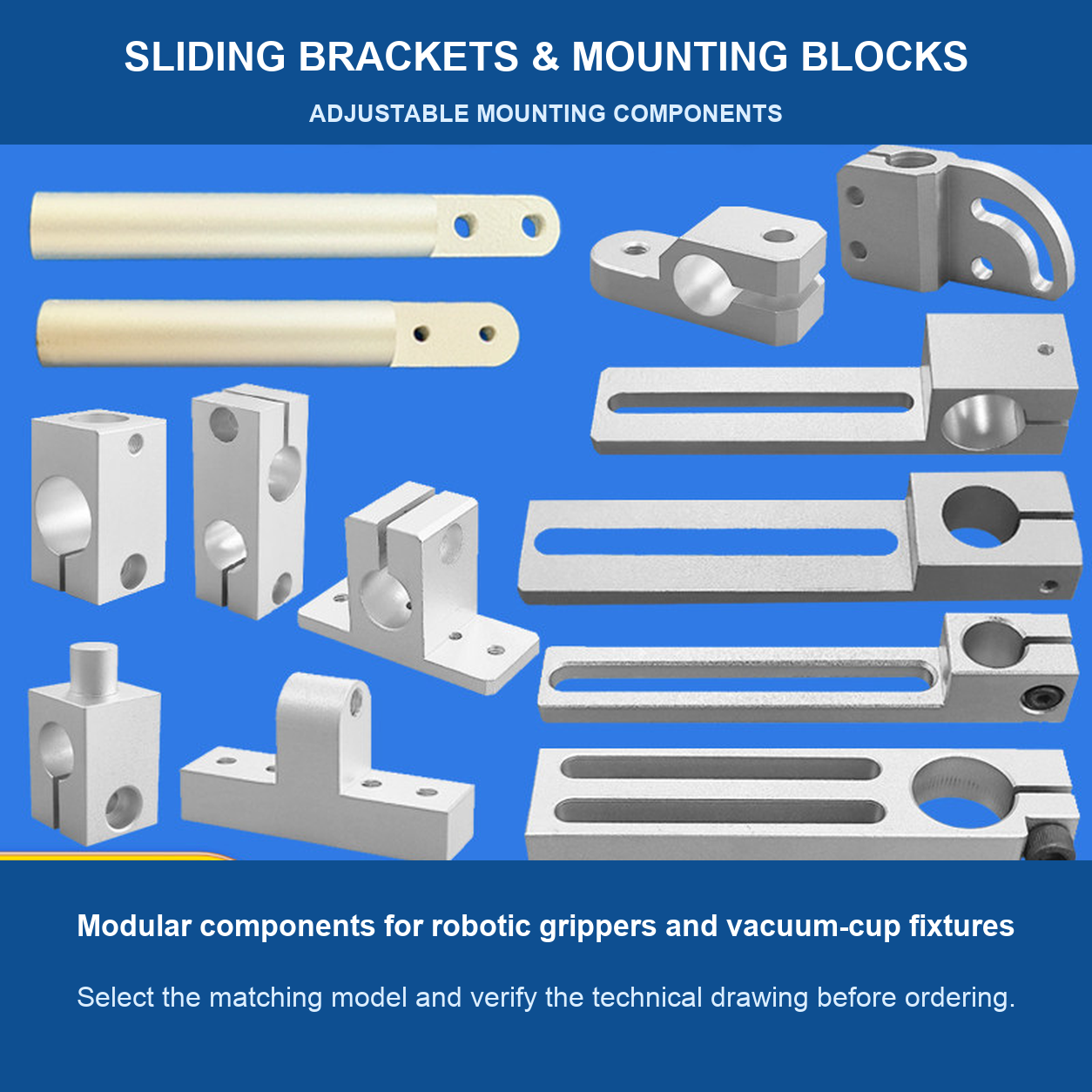 Sliding brackets, mounting blocks, rods and rotary connectors for robot gripper fixtures