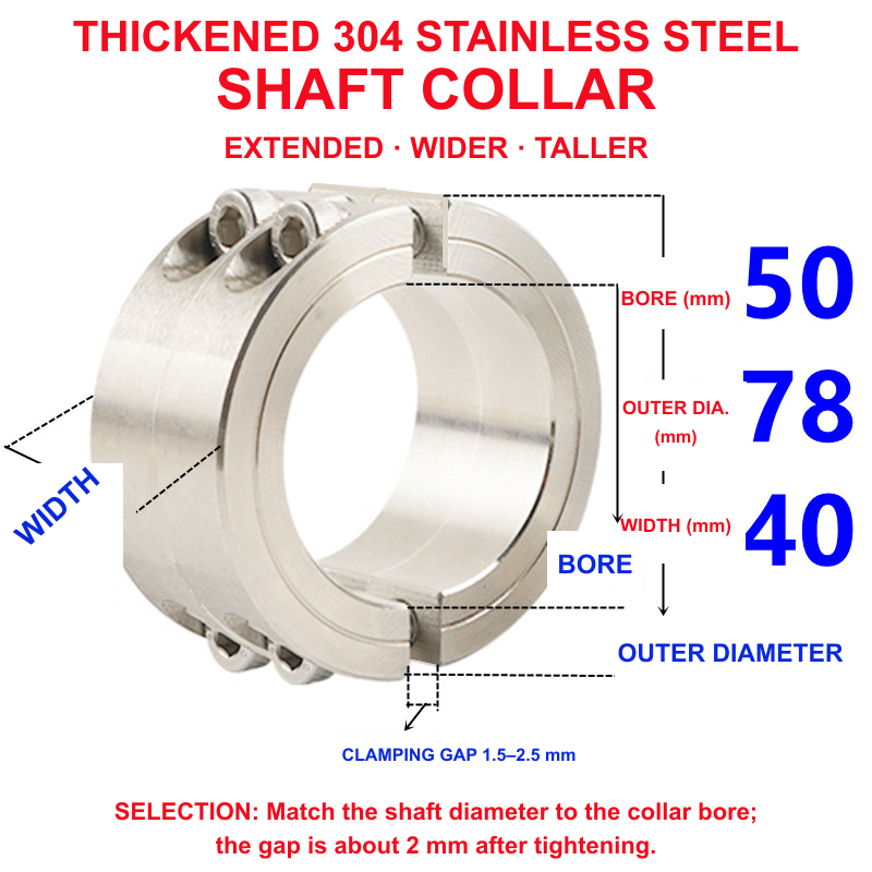 BOLTTE thickened 304 stainless steel shaft collar, 50 mm bore, 78 mm outer diameter and 40 mm width