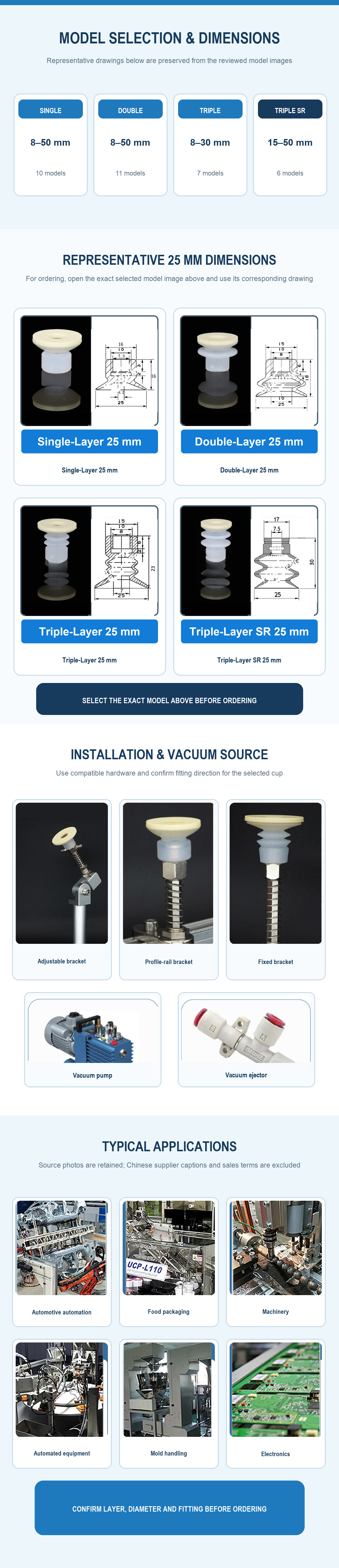 Silicone vacuum cup model selection, representative dimensions, installation and applications