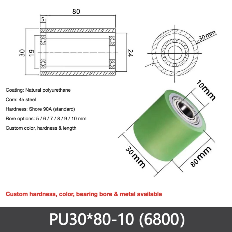 PU Ø30 × 80 mm – 10 mm Bore (6800), polyurethane-coated dual-bearing conveyor roller