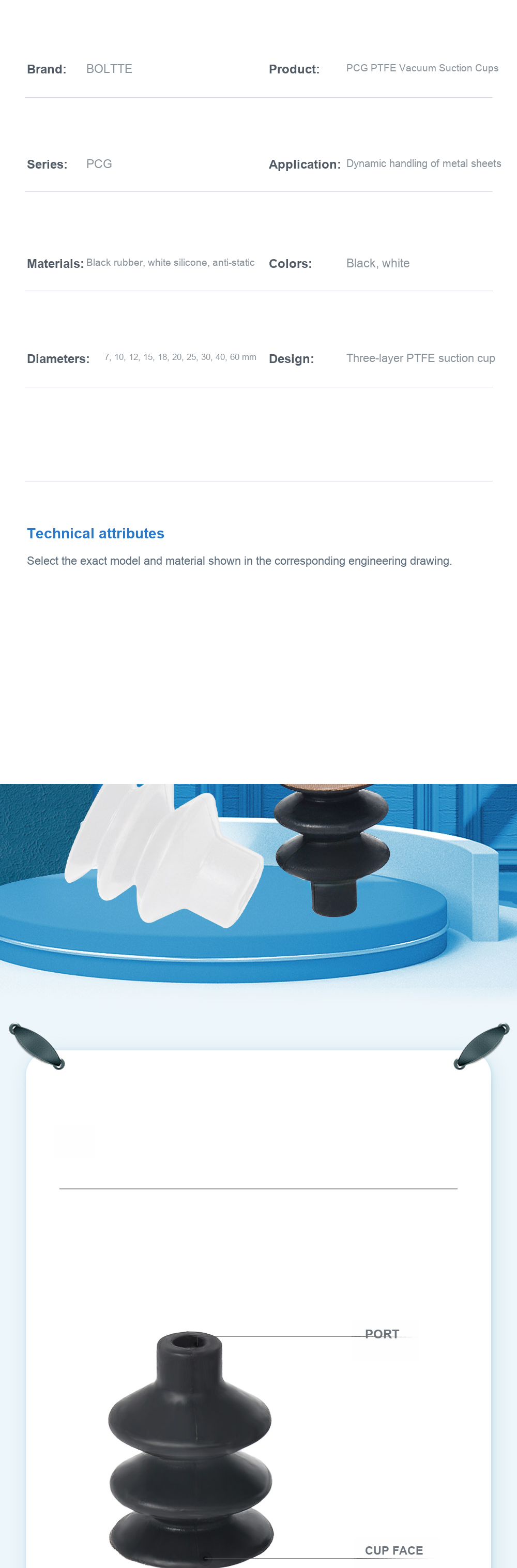 BOLTTE PCG PTFE attributes and technical callouts