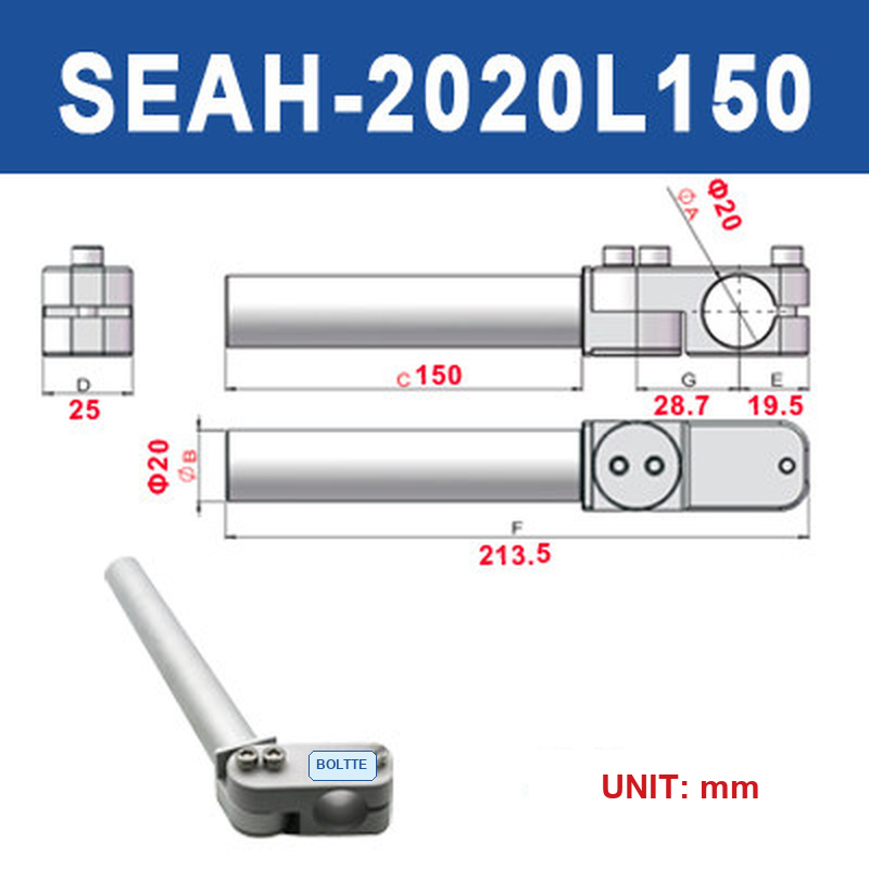 BOLTTE SEAH-2020L150 heavy-duty adjustable elbow arm clamp bracket with engineering dimensions