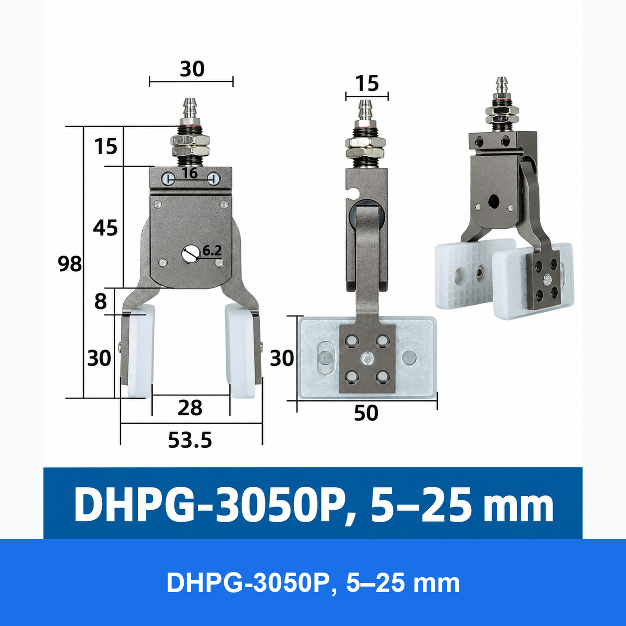 DHPG or DHRG 3050 mini pneumatic gripper, DHPG-3050P, 5–25 mm