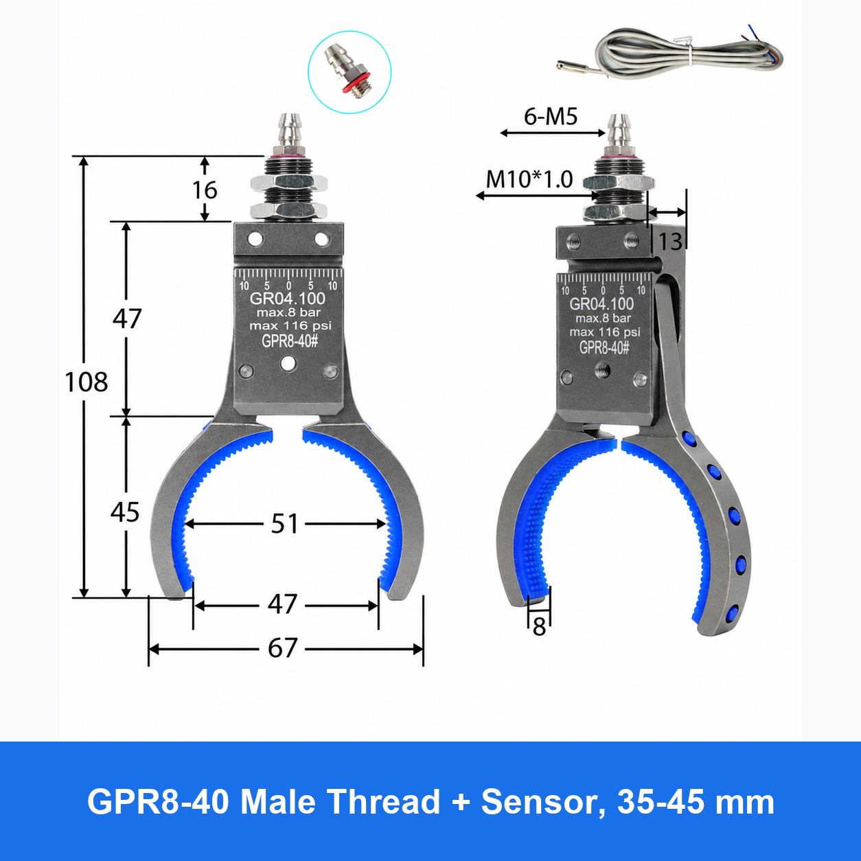 Pneumatic bottle-preform gripper, GPR8-40 Male Thread + Sensor, 35-45 mm