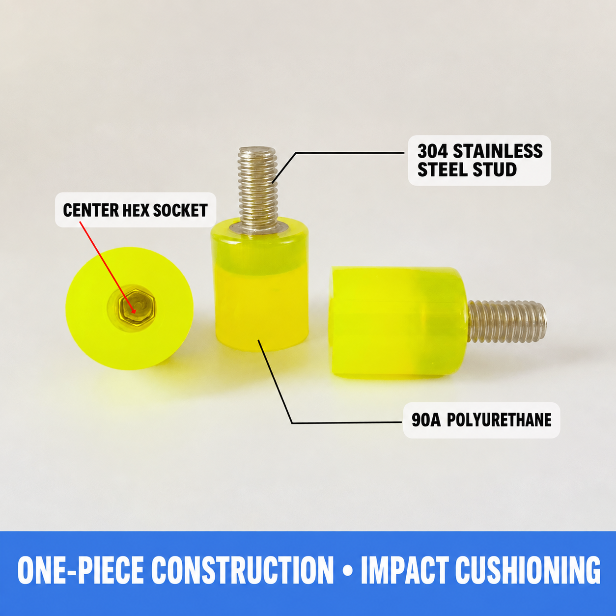 Center hex socket, 304 stainless-steel stud and 90A polyurethane construction callouts