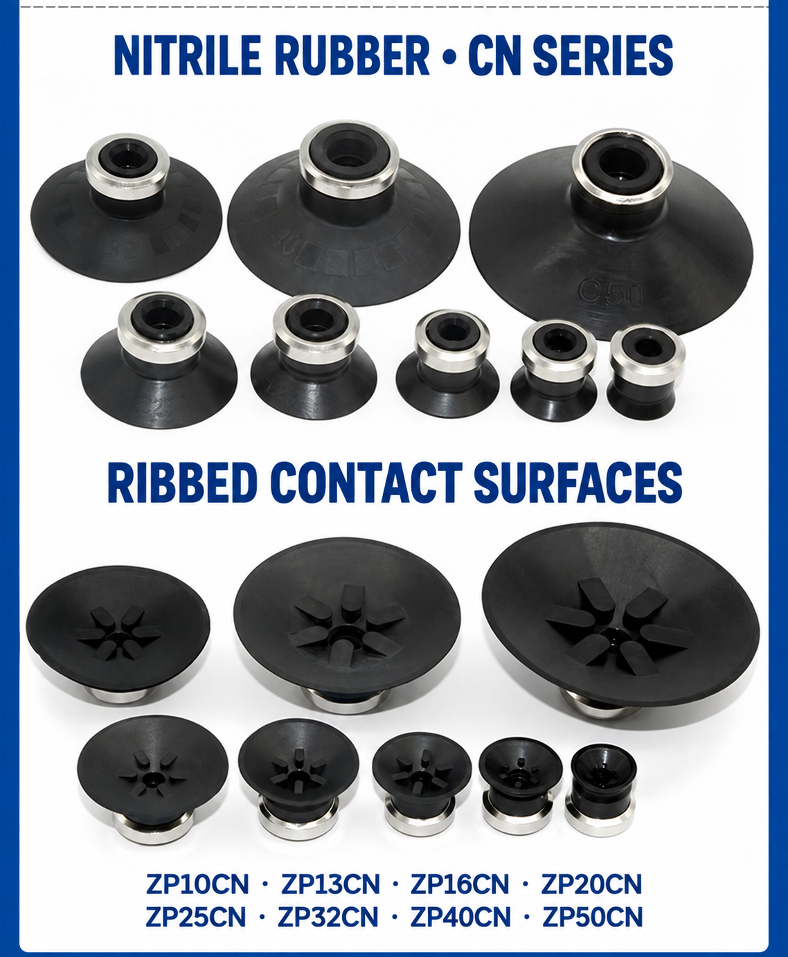 ZP-C nitrile rubber CN series: standard cup views and ribbed contact surfaces