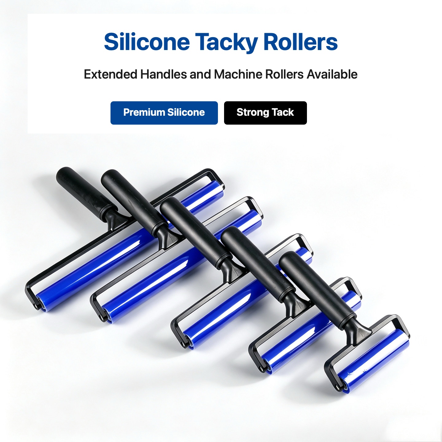 Silicone tacky roller product family with extended handles and machine rollers