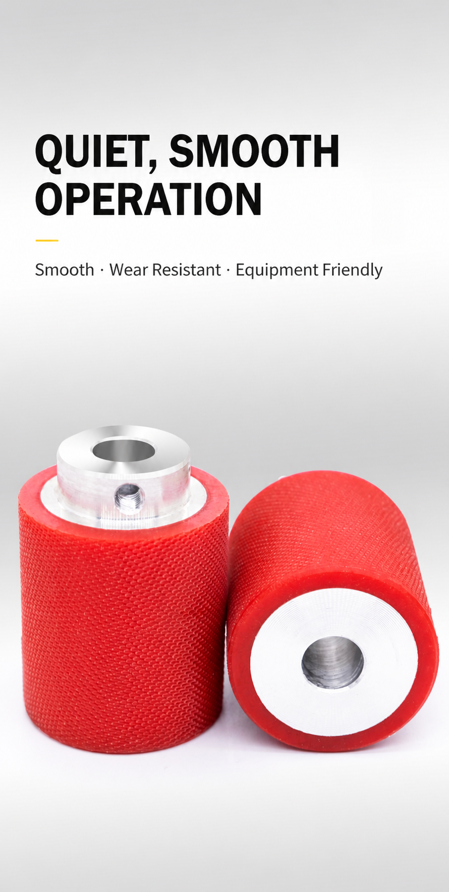 Red polyurethane-coated rollers designed for quiet smooth operation