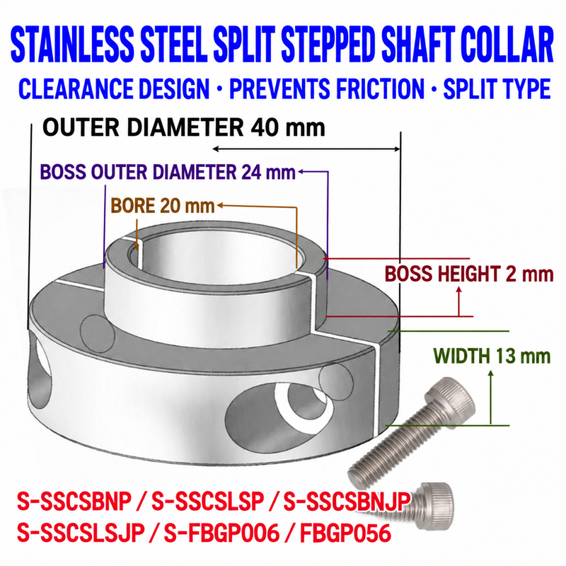BOLTTE stepped split shaft collar, 20 mm bore, 40 mm outer diameter, 24 mm boss diameter and 13 mm width