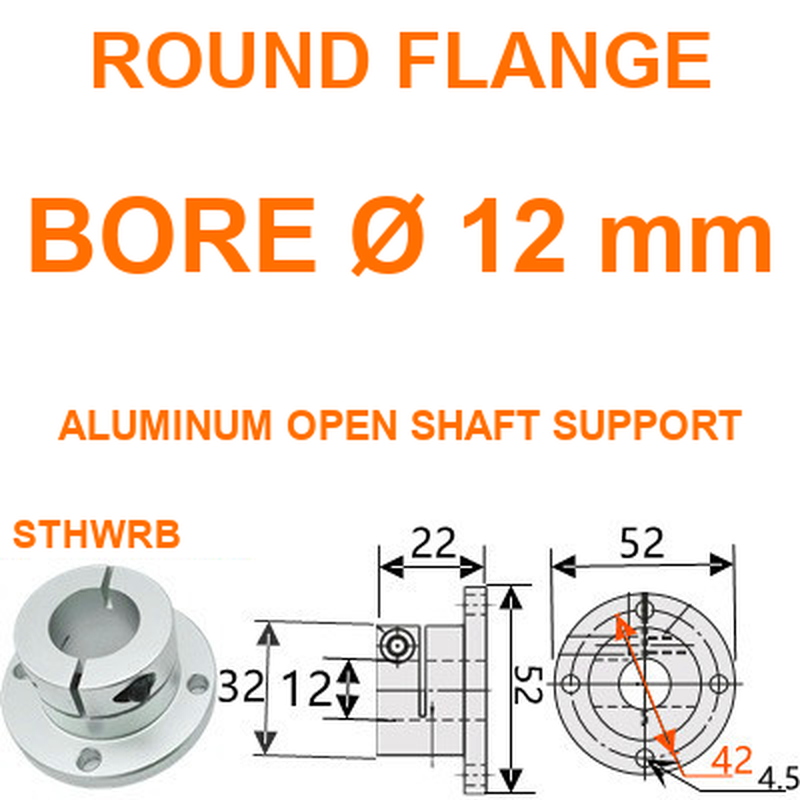 STHWRB round flange aluminum open shaft support, 12 mm bore