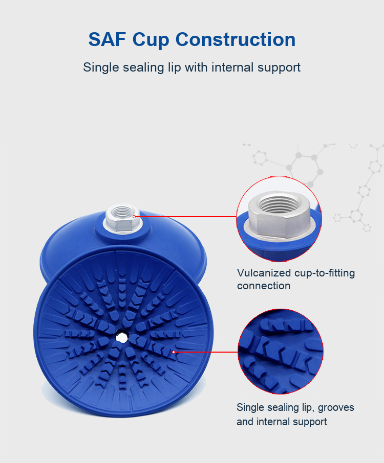 Source construction detail: vulcanized cup-to-fitting connection, single sealing lip, grooves and internal support.