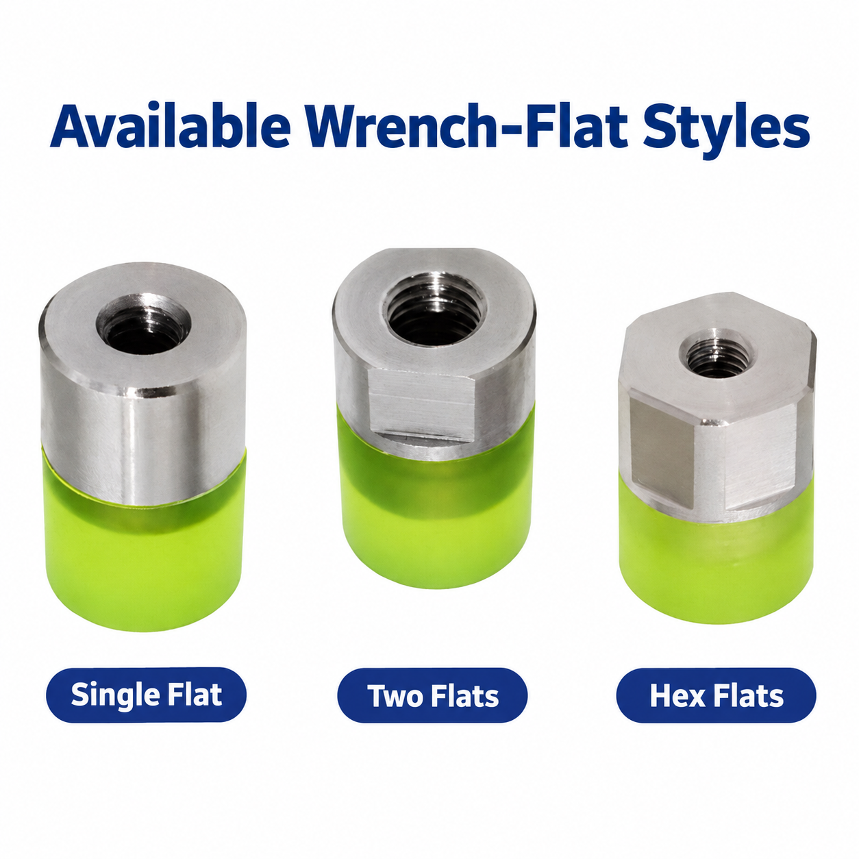 Female-thread buffer stops with single-flat, two-flat and hex-flat styles