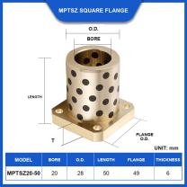 MPTSZ square flange graphite bronze bushing, 20 mm bore, 28 mm OD, 50 mm length